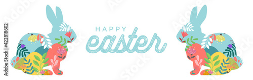 Easter eggs and paper cut flowers on geometric background. Vector illustration. Place for your text. Greeting card trendy design or invitation template.