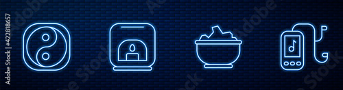 Set line Sea salt in a bowl, Yin Yang, Aroma lamp and Music player. Glowing neon icon on brick wall. Vector