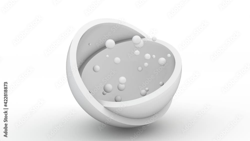 Loop 3d animation of white hemispheres that reveal the contents-a lot of milk drops that merge and fall apart, moving randomly. Abstract surreal design. Loop 3d animation of white hemispheres that reveal the contents-a lot of milk drops that merge and fall apart, moving randomly. Abstract surreal design.