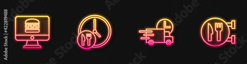 Set line Fast delivery by car, Online ordering and, Round the clock and Cafe restaurant location. Glowing neon icon. Vector