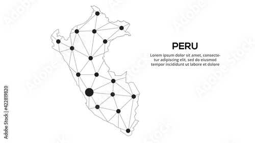 Peru communication network map. Vector image of a low poly global map with city lights. Map in the form of lines and dots