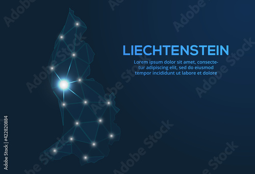 Liechtenstein communication network map. Vector low poly image of a global map with lights in the form of cities. Map in the form of a constellation, mute and stars