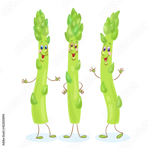 Three funny green asparagus. In cartoon style. Isolated on white background. Vector flat illustration.