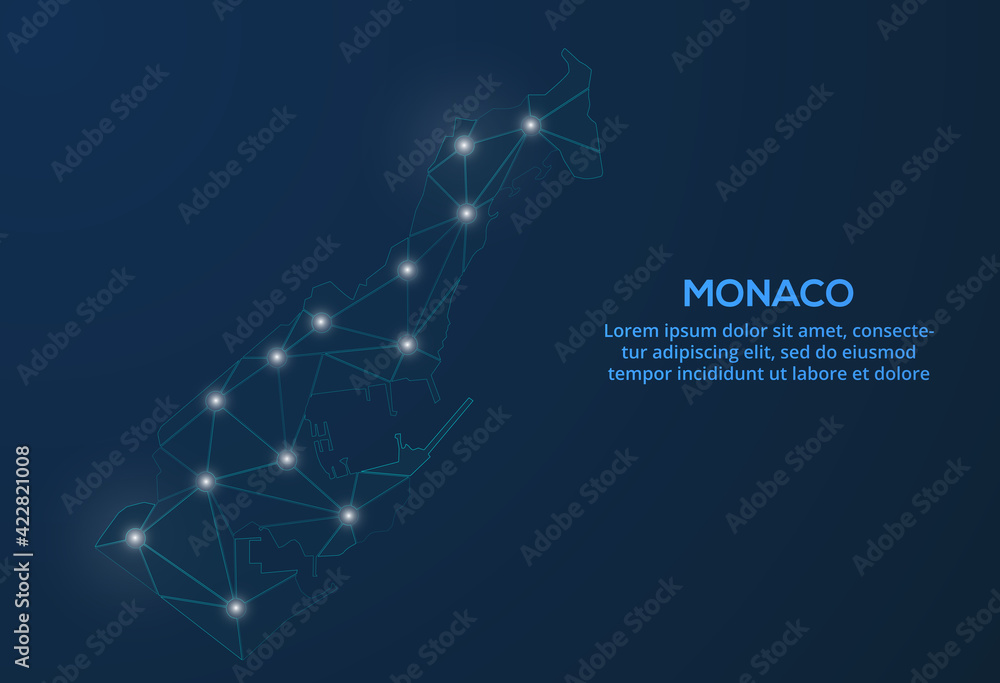 custom made wallpaper toronto digitalMonaco communication network map. Vector low poly image of a global map with lights in the form of cities. Map in the form of a constellation, mute and stars
