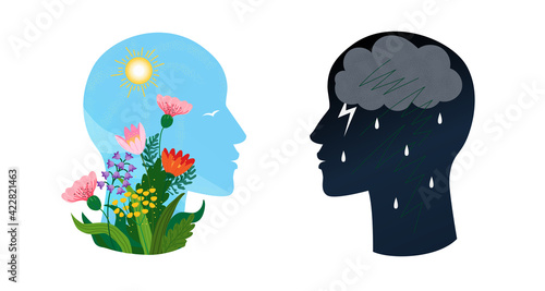 Psychotherapy or psychology support concept. Two heads with different states of consciousness mind - depression with thundercloud and rain and positive mental health with sun and flowers. Vector