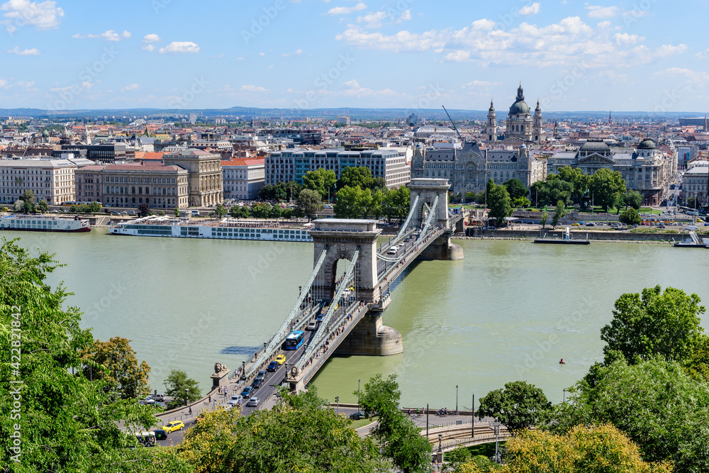 Landscape with old historical Széchenyi Chain Bridge over Danube and clear blue sky in Budapest city, Hungary, in a sunny summer day.