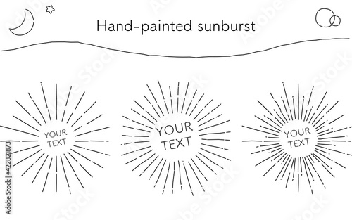 ゆるい線画、手書き風の集中線、サンバースト