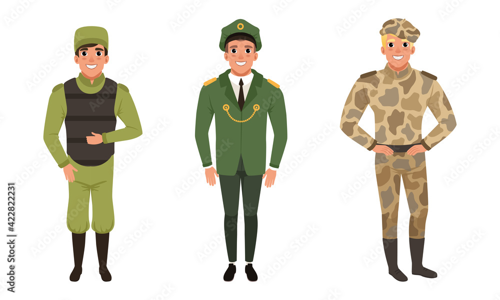 Man Standing in Military Uniform and Beret Vector Set Man Standing in Military Uniform and Beret Vector Set