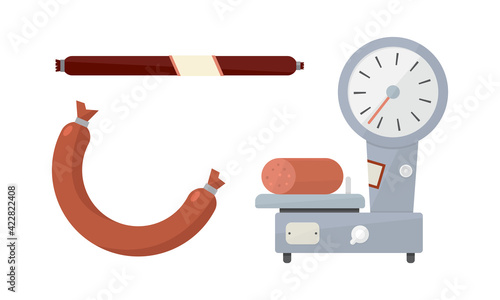 Butcher Shop or Meat Market with Sausage on Platform Balance Vector Set