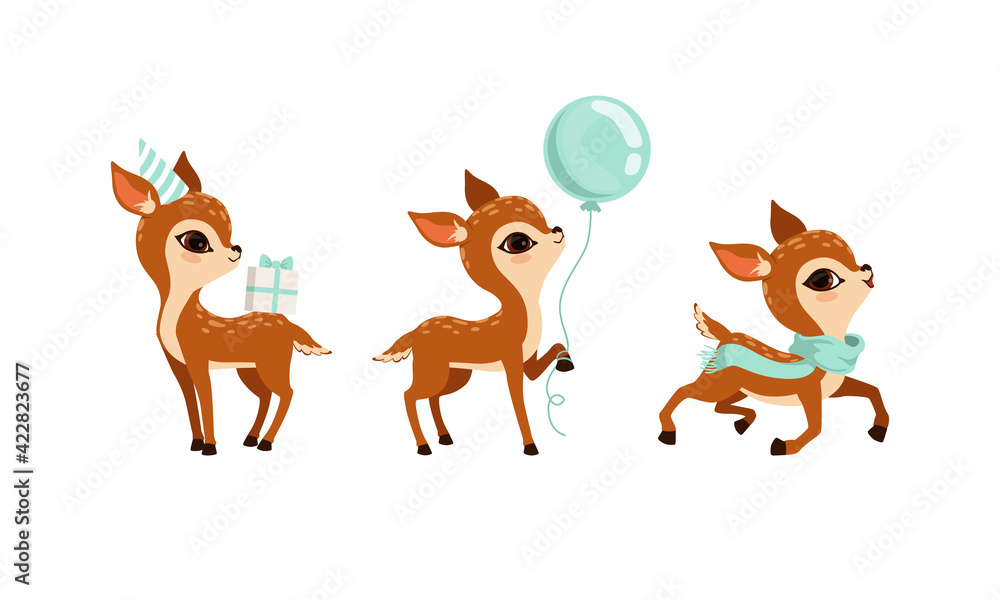 Cute Fawn Holding Toy Balloon and Carrying Gift Box Vector Set Cute Fawn Holding Toy Balloon and Carrying Gift Box Vector Set