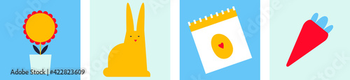 Happy Easter flat abstract elements vector. Simple spring illustration. Greeting cards or posters with calendar, rabbit, carrot and Easter egg. Egg hunt poster template. Scandinavian design. 