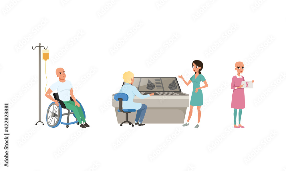Obraz premium Man on Wheelchair and Woman with Ribbon Symbol with Cancer Diagnosis Having Medical Check and Treatment Vector Set