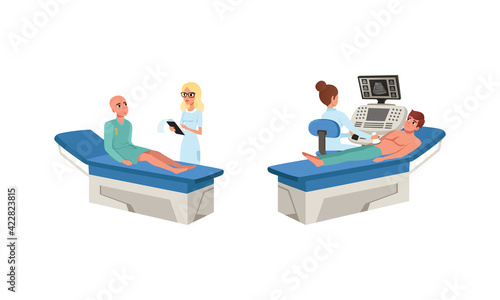 Man with Cancer Diagnosis Having Medical Check and Treatment Vector Set