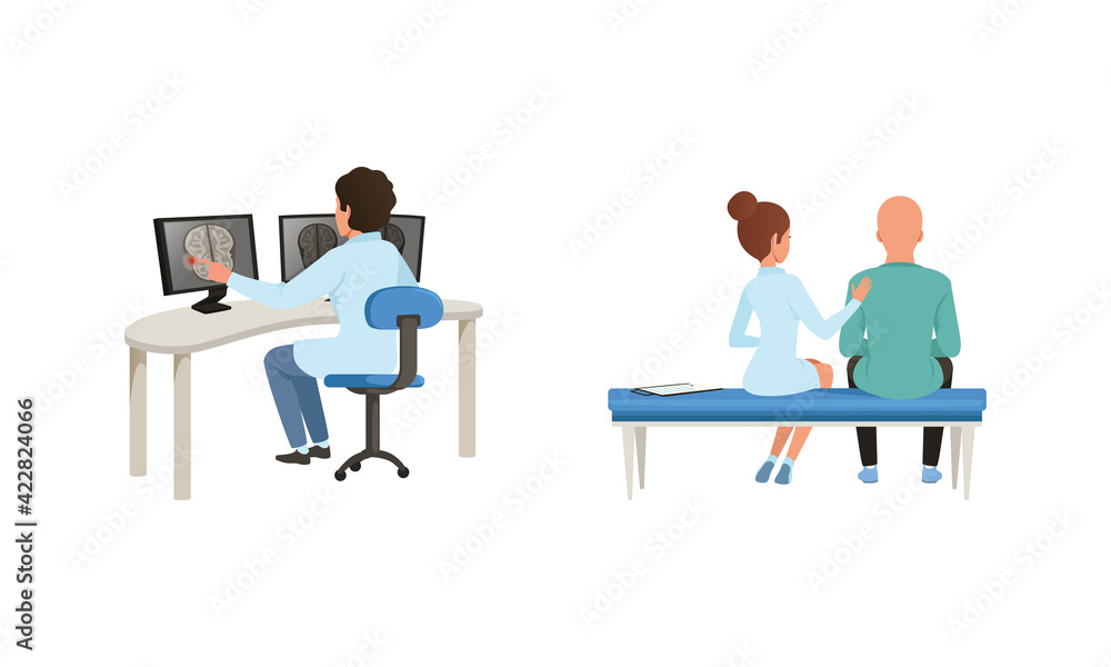 Man with Cancer Diagnosis Having Medical Check and Treatment Vector Set Man with Cancer Diagnosis Having Medical Check and Treatment Vector Set