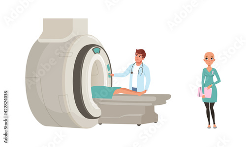 Woman with Cancer Diagnosis Having Medical Check and Treatment Vector Set