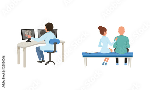 Man with Cancer Diagnosis Having Medical Check and Treatment Vector Set