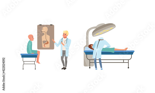 Man with Cancer Diagnosis Having Medical Check and Treatment Vector Set