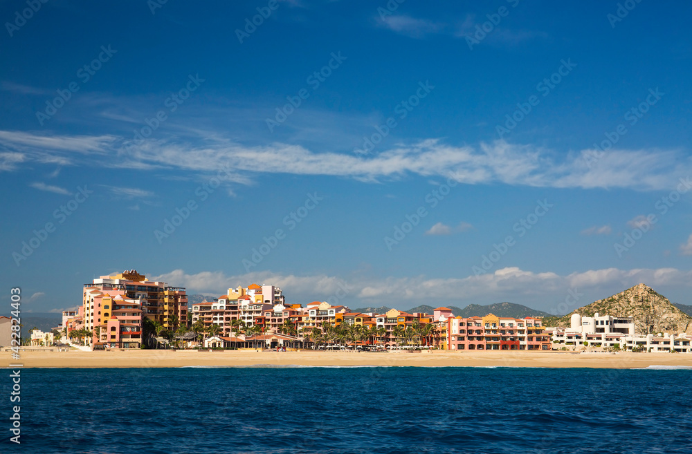 Luxury beachfront accommodations line the beaches at Cabo San Lucas, Baja California Sur, Mexico
