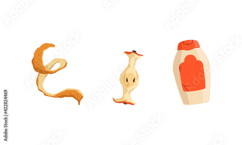 Garbage and Waste with Plastic Tube and Orange Peel Vector Set