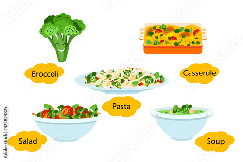 Broccoli dish. Soup in white bowl and tasty casserole with broccoli and cheese, pasta, salad with broccoli and cherry tomatoes.