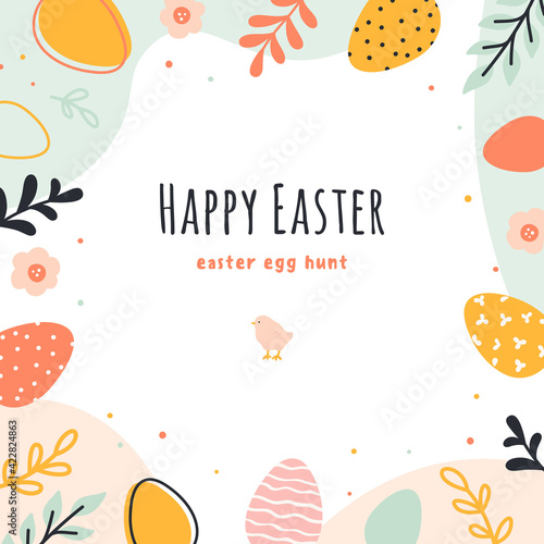 Easter eggs hunt. Hand drawn banner with easter eggs and decorative floral elements. Vector template for greeting cards, banners, posters.