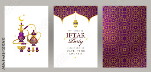 Vector cards set Iftar Party celebration, invite. Arabic decoration, hookah, lantern, coffee pot for Iftar invitation. Card for Muslim feast of the holy of Ramadan month. Ramadan Kareem. Eastern style