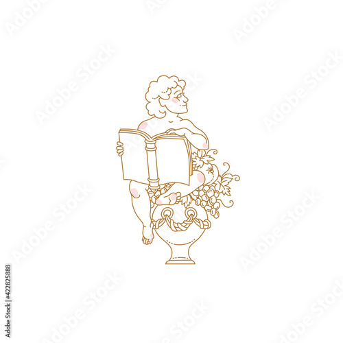 Cupid. A little boy with curls, a book, and a vase full of fruits. Rococo style. Linear, contour illustration. Fruit bouquet, antique decoration, beautiful sculpture.