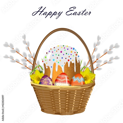 Happy Easter. Wicker basket with Easter cake and colorful Easter eggs with different pattern, pussy-willow and yellow daffodils. Spring holiday. Vector illustration isolated on white background