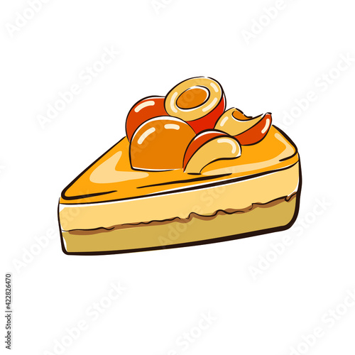 Cake, a triangular piece of a classic biscuit decorated with apricot slices and doused with apricot jelly. Sketch, doodle, vector illustration isolated on white background.
