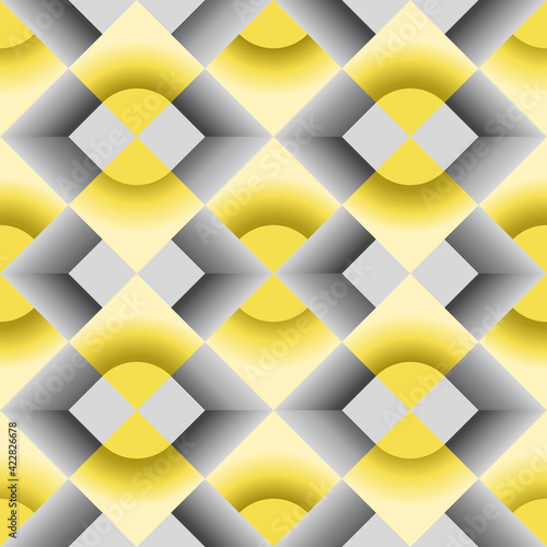 Seamless abstract background zigzag pattern. Diamond and circle shapes yellow-gray gradient. Trend color 2021. Elements for design, poster, tile, fabric, web, wall. Vector illustration.