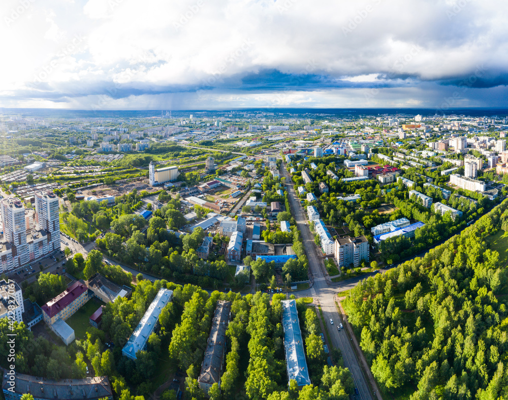 Panorama of the Kirov city and pioneer palace in Leninsky district in the central part of the city of Kirov on a summer day against the backdrop of thunderstorms and storms