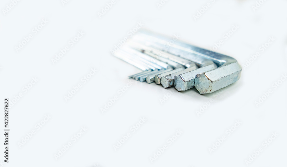 Perspective Copy space L-Shaped Hex Wrench set isolated on white background. Perspective Copy space L-Shaped Hex Wrench set isolated on white background.