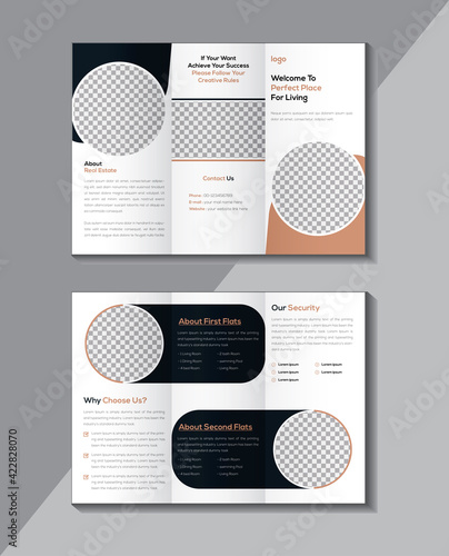 Creative Business Real Estate Tri-Fold Brochure Design, Construction Tri-Fold Brochure Design, Company Tri-Fold Brochure Design, Flyer, Vector illustration