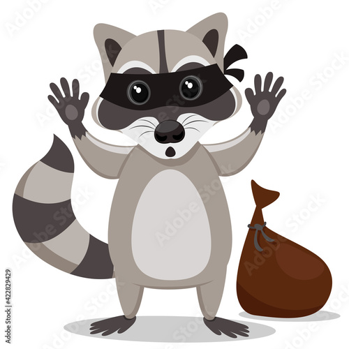 A raccoon in a mask raised his paws up, a raccoon a thief. Character