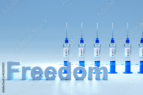 row of covid 19 sarsCov syringes with vaccine against pandemic; conceptual vaccination plan to freedom end of pandemic strategy; 3D Illustration photo