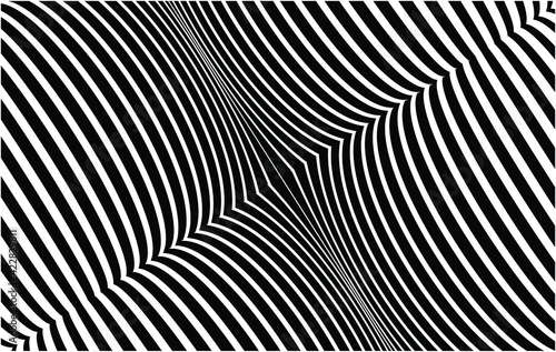 Line art optical art. Psychedelic background. Monochrome background. Optical illusion style. Black dark background. Modern pattern. Abstract graphic texture. Graphic ornament. Vector template