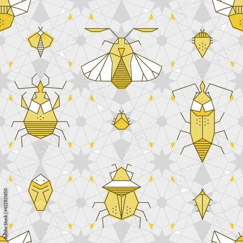 Light geometric seamless pattern, beetles in spider web.