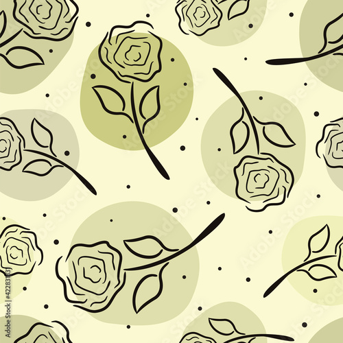 Seamless pattern of hand-drawn contour roses and colored spots. Light green, Olive colors. Vector illustration