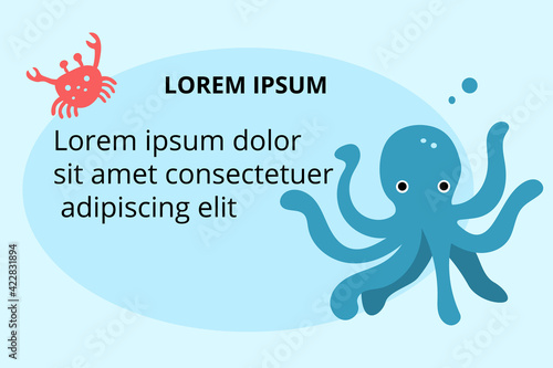 Background for text descriptions with sea animals - octopus and crab. Vector template for banners, web, flyers, etc