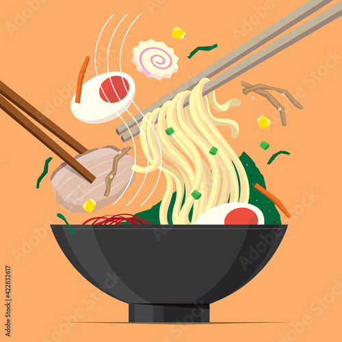 Graphic illustration of a meal of Japanese ramen noodles