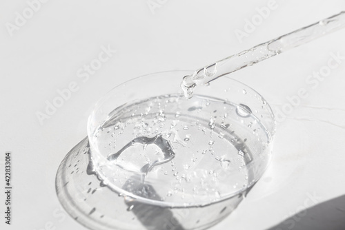 Liquid gel or hyaluronic serum acid in petri