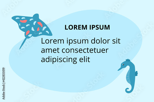 Background for text descriptions with sea animals - ramp fish and seahorse. Vector template for banners, web, flyers, etc