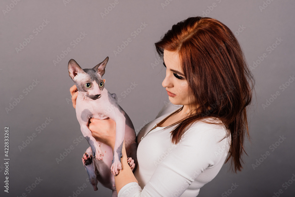 Young woman with canadian sphynx cat in studio, grey background Young woman with canadian sphynx cat in studio, grey background