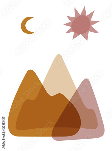 Abstract minimalist vector landscape with mountains, sun and crescent. Modern flat illustration poster