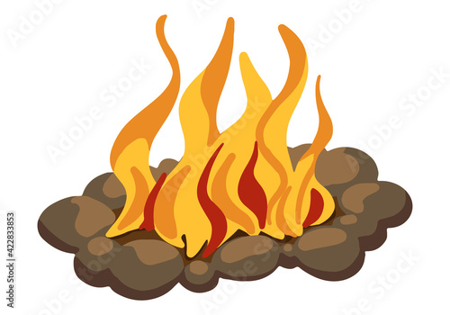 Campfire, picnic, outdoor adventure, camping, hiking theme. Hand drawn vector doodle illustration. Colorful cartoon clipart isolated on white. Single element for design, print, decor, card, sticker.