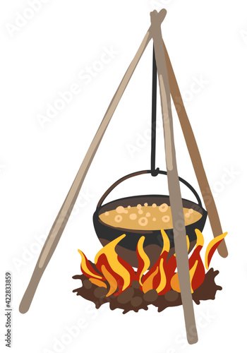 Hiking cauldron over the fire on tripod, outdoor adventure, camping. Hand drawn vector illustration. Colorful cartoon clipart isolated on white. Single element for design, print, decor, card, sticker.