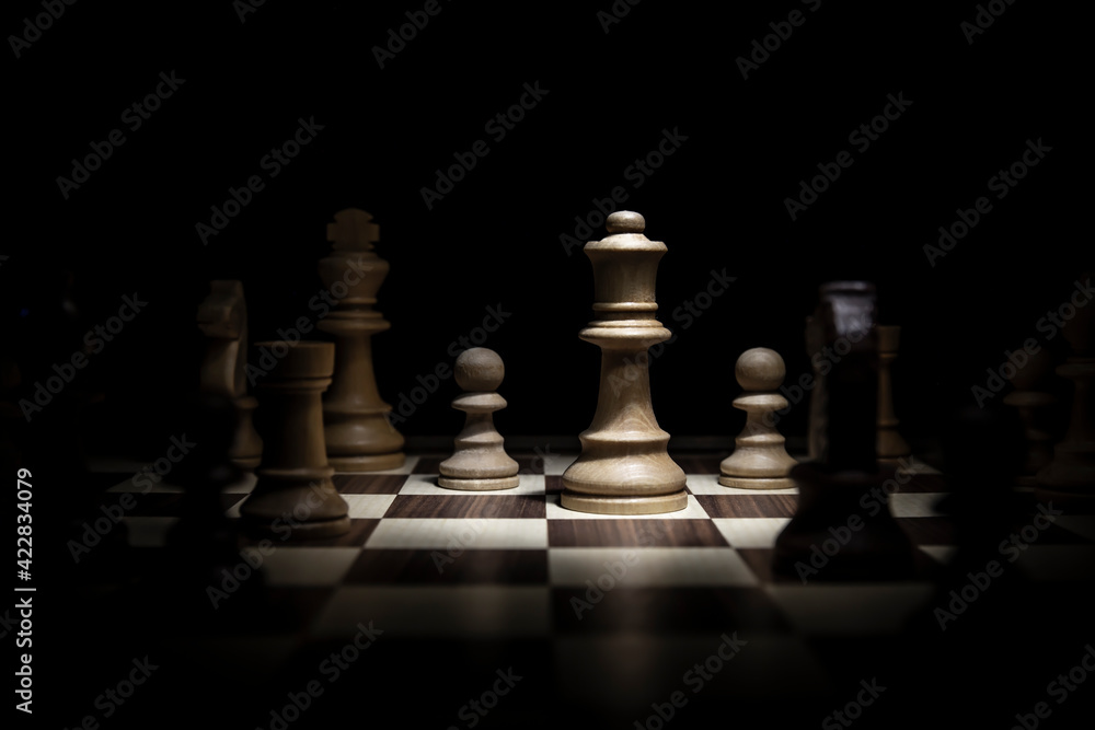 Queen fighting on the chessboard. Low-key concept picture of chess pieces taken in studio and concerning decision making and strategy.