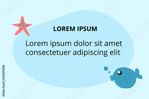 Background for text descriptions with sea animals - starfish and ruff fish. Vector template for banners, web, flyers, etc