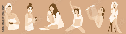 Daily morning woman rituals illustration vector set. Applying cream face mask, reading, shower, waking up, drink coffee. every day routine. Fancy morning. Cosmetics commercial towel underwear bathrobe