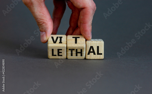 Vital vs lethal symbol. Businessman turns wooden cubes and changes the word 'lethal' to 'vital'. Beautiful grey background, copy space. Business and vital vs lethal concept.
